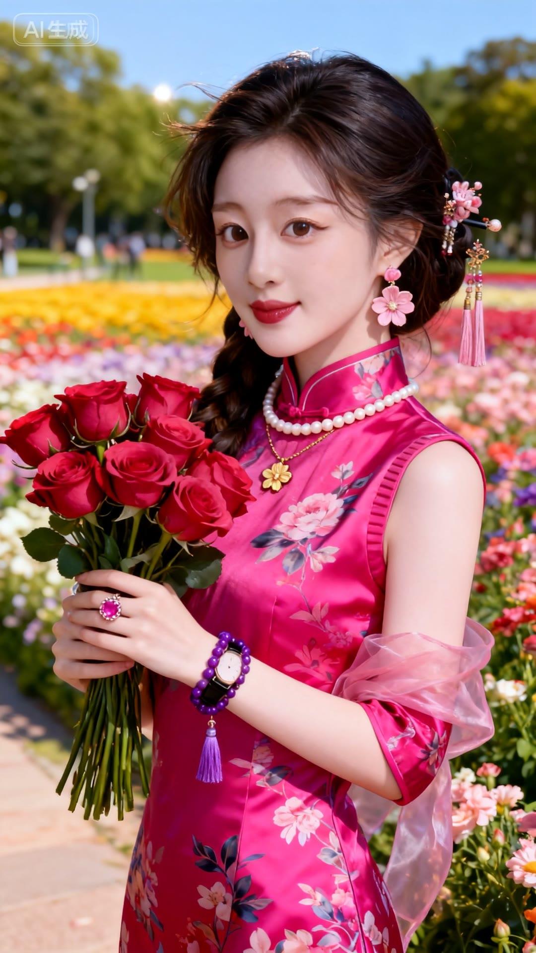 春日花海中的少女，手捧红玫瑰，尽显优雅与美丽。
