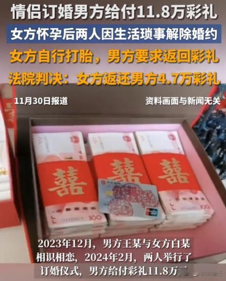 江苏无锡，王某和白某订下婚约，王某给了11.8万元彩礼，之后两人开始同居，白某还