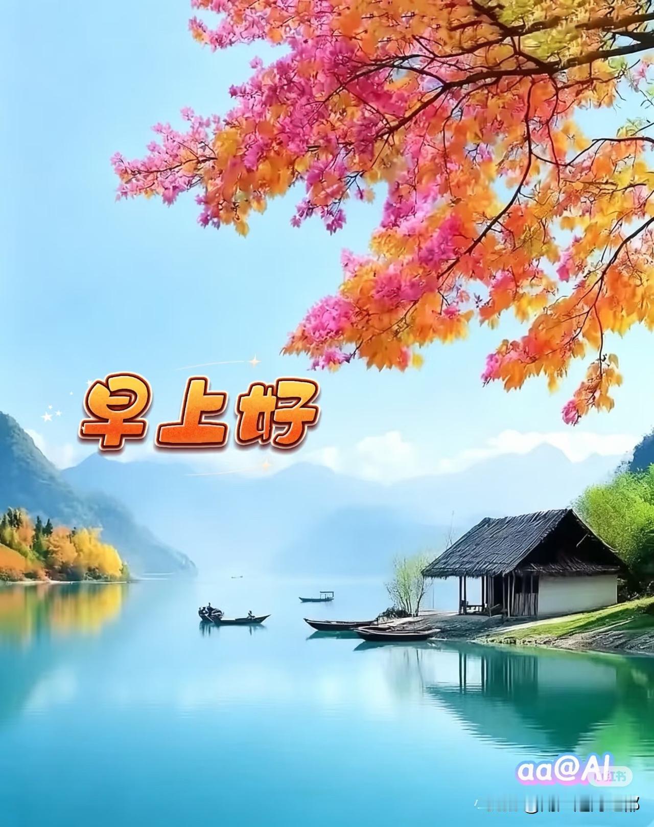 清晨湖畔美景，宁静如画。