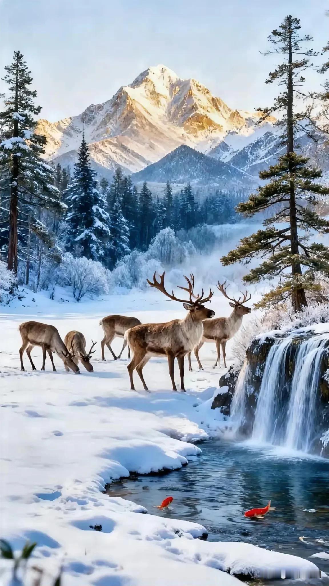 冬日仙境，鹿群漫步雪地，雪山与瀑布相映成趣。