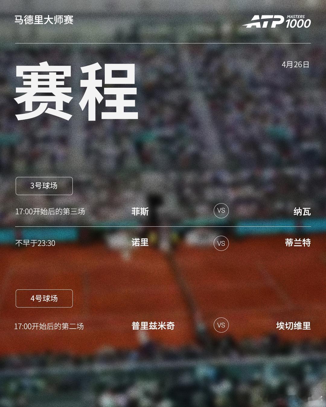 ATP1000马德里大师赛周日赛程如下（均为北京时间）👀📍西班牙·马德里?