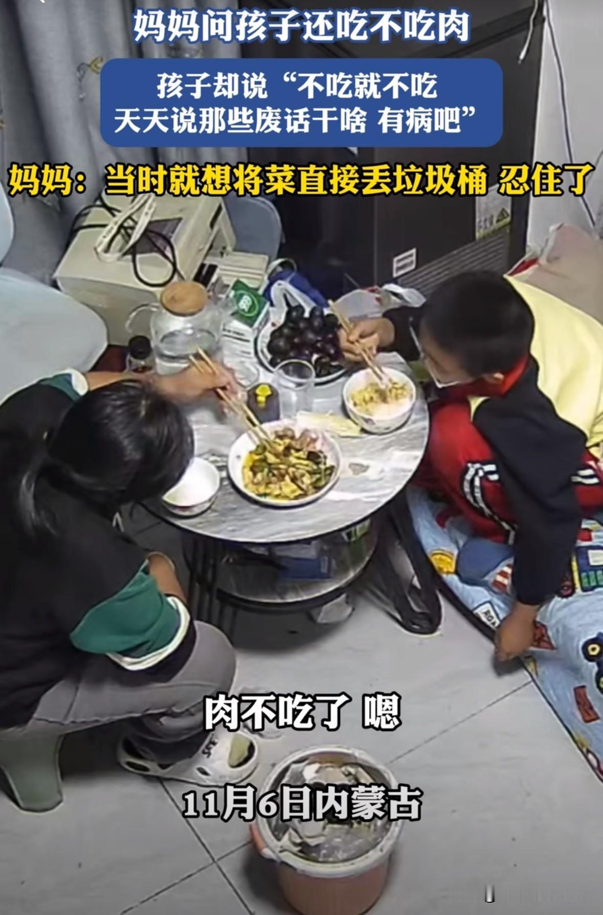 妈妈问儿子还吃不吃肉，儿子说：“不吃就不吃，天天说那些废话干啥，有病吧！”妈妈