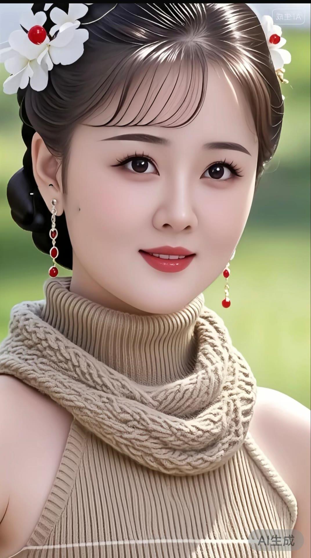 温柔甜美的古风少女，红唇与花饰相映成趣，尽显古典韵味。