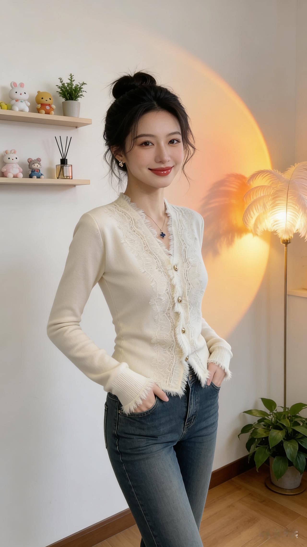 温柔甜美穿搭，白色蕾丝上衣搭配牛仔裤，轻松自在！🌟💕