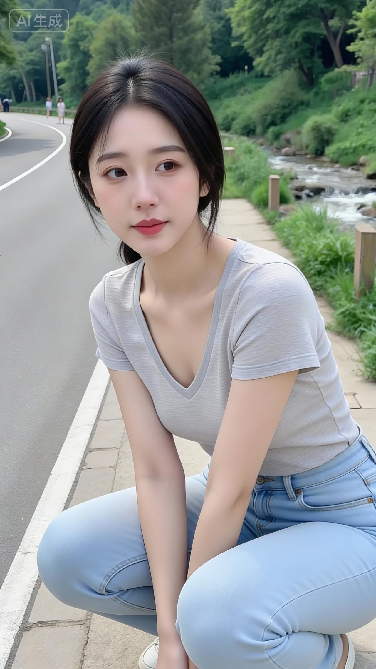 浅灰V领T+浅蓝牛仔=路边的氧气甜妹🌿》辣妹牛仔服饰牛仔少女风牛仔纯欲风少