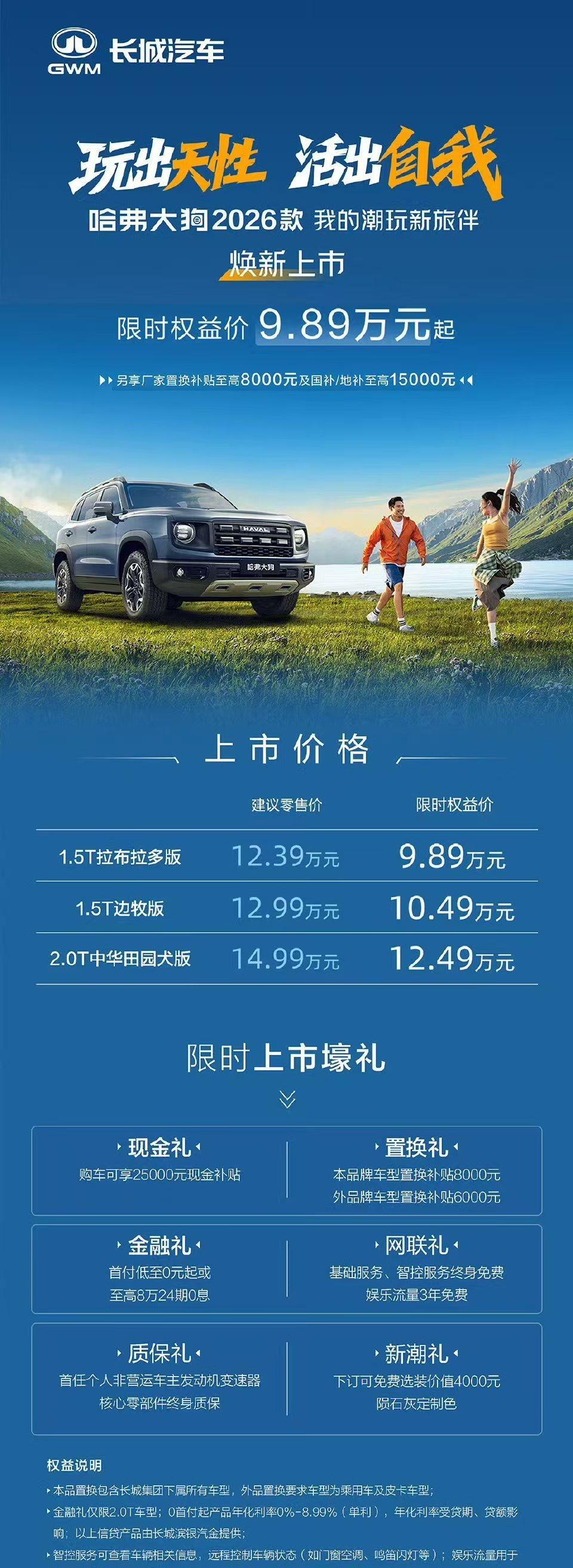 哈弗大狗迎来2026款，限时权益价9.89万元起。作为轻越野SUV的开创者，哈弗
