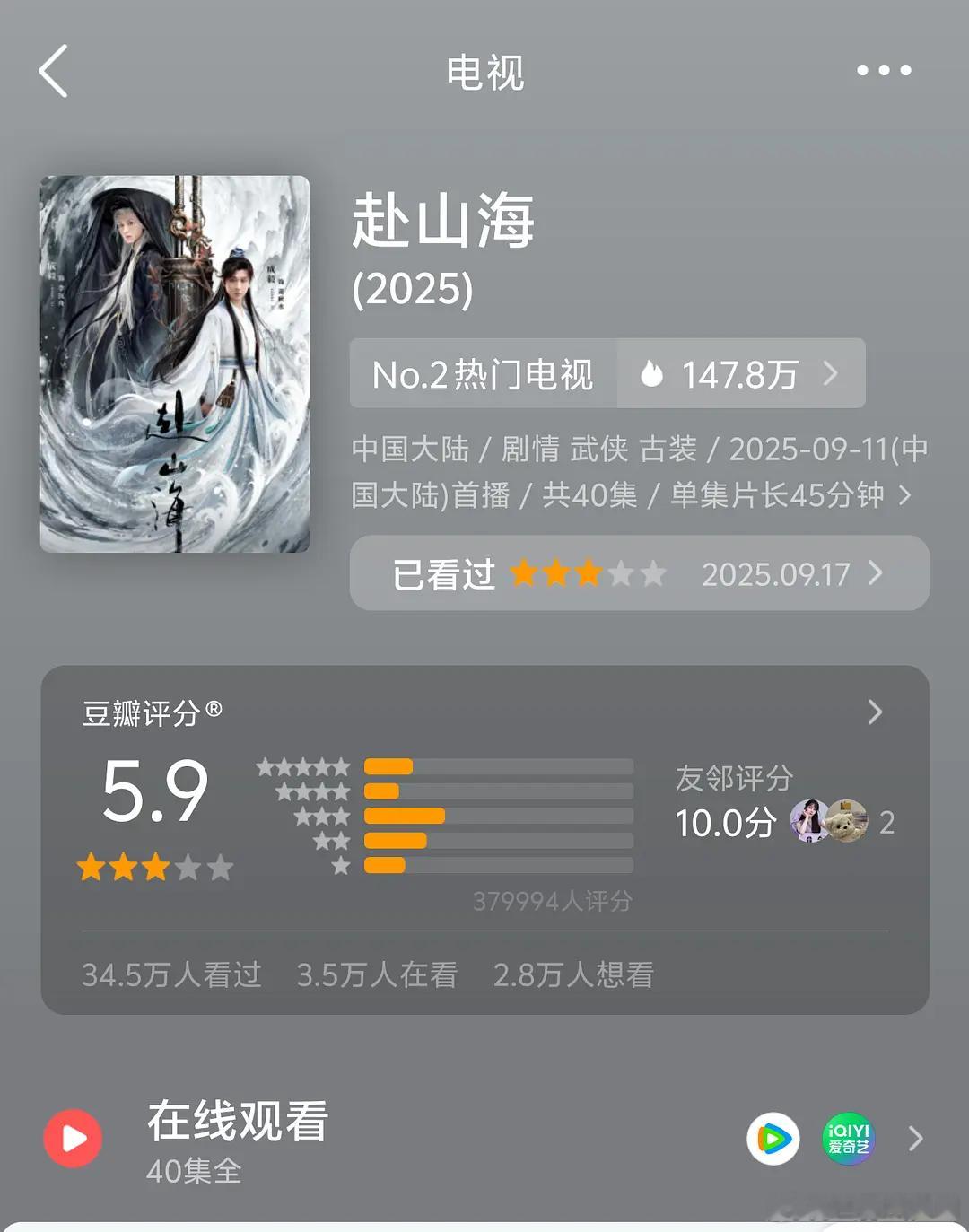 《赴山海》开分5.9，超38.6万人打分，没想到都收官了，查看最新还在继续遭受恶