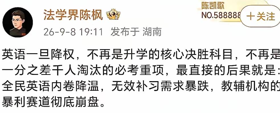 法学界陈枫这篇发文直戳痛处，当属一针见血那种。9月8日陈枫撰文：英语倘若降