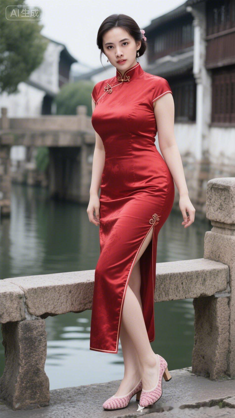 红衣美人倚桥畔，江南水乡韵味浓。