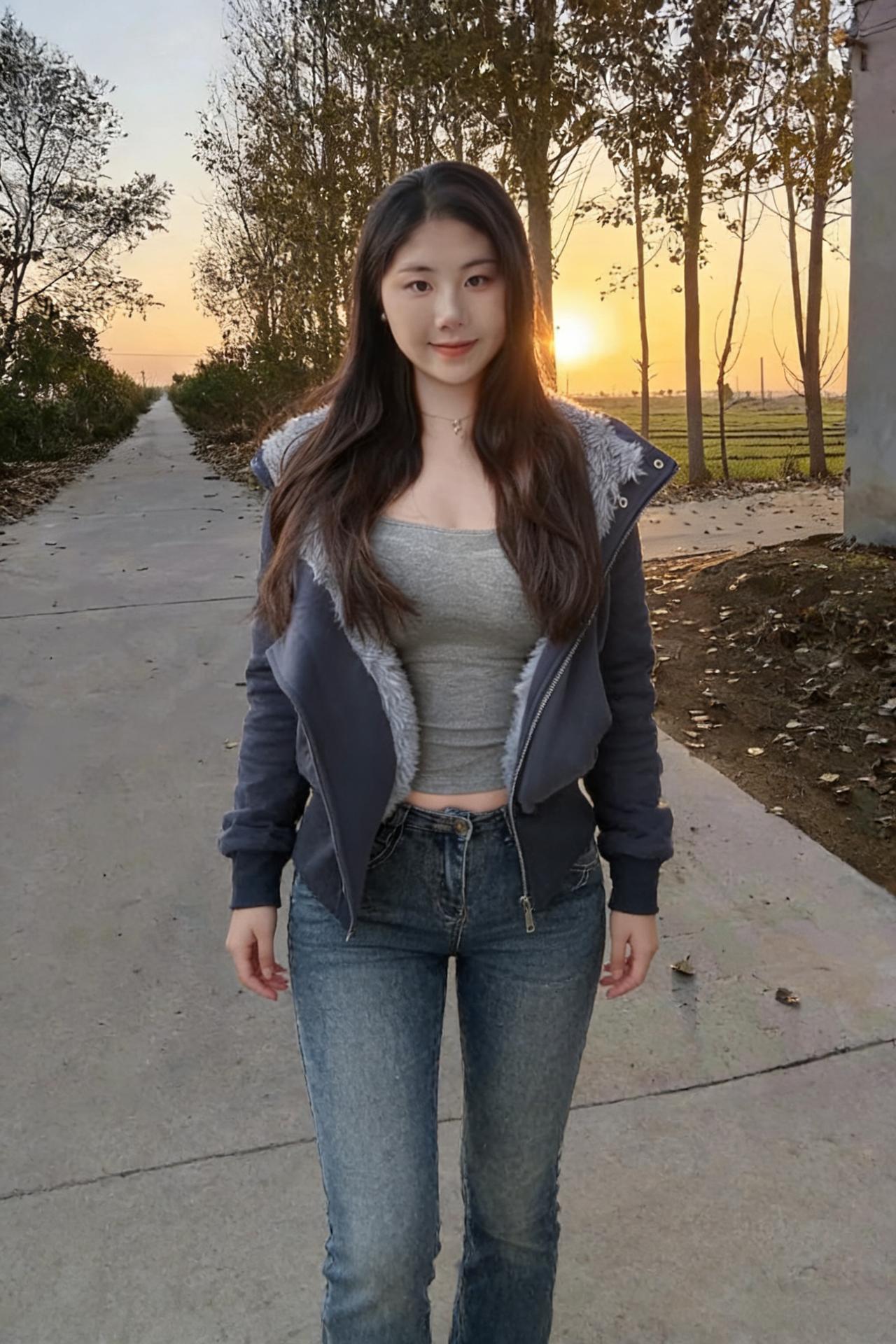 我踩着黄昏的金辉，走在乡间的小路上夕阳把树影拉成细长的诗行灰调的外套裹着晚风