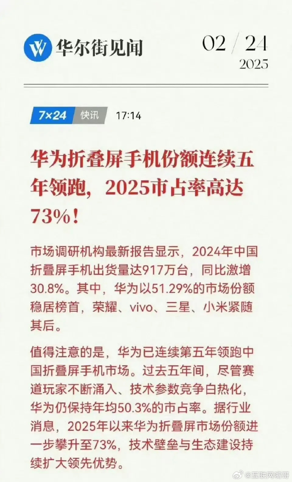 华为在2025年折叠屏市场份额来到了73%，仅在2024年的份额还是50%左右的