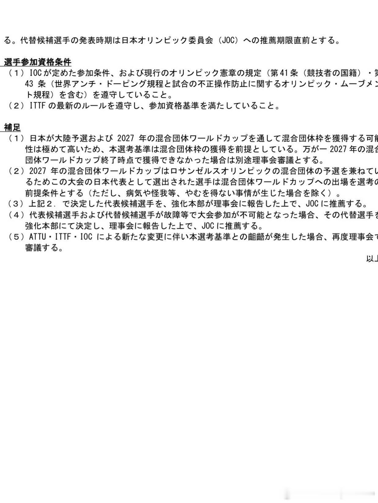 日本乒乓球协会公布洛杉矶奥运会乒乓球项目日本代表选拔标准1.比赛项目及参赛名额