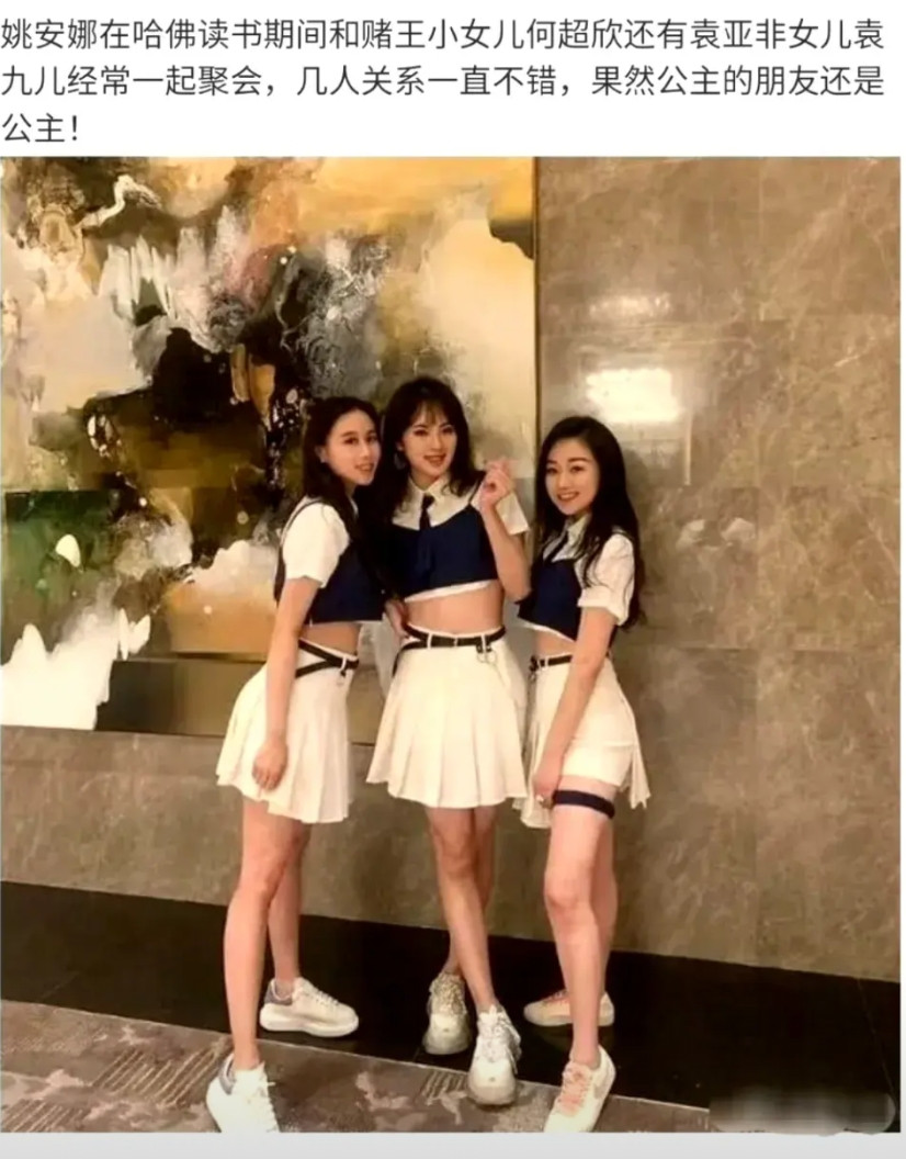 姚安娜在哈佛读书期间拍的，左边是赌王的女儿何超欣，右边是袁亚非的女儿袁九儿。