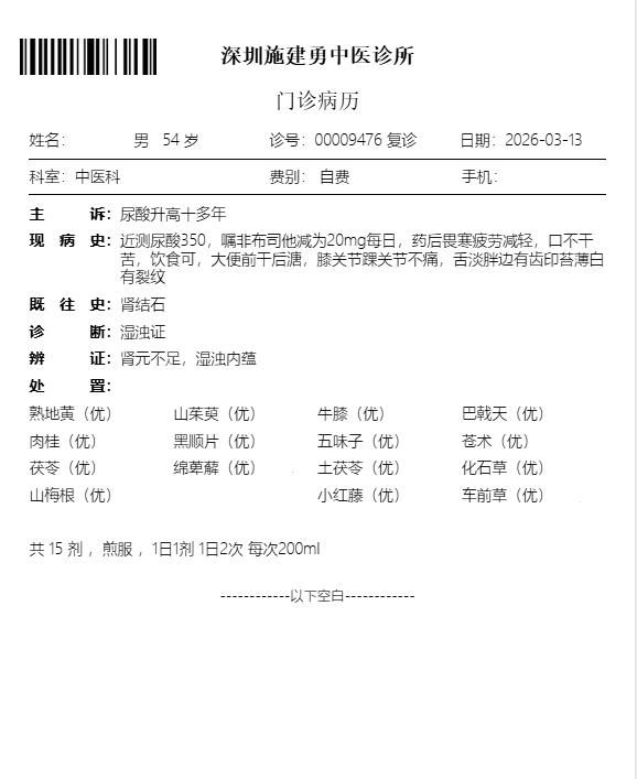 家住云南的痛风患者，尿酸升高十多年了，最高600＋，常年服用非布司他，就诊前检查