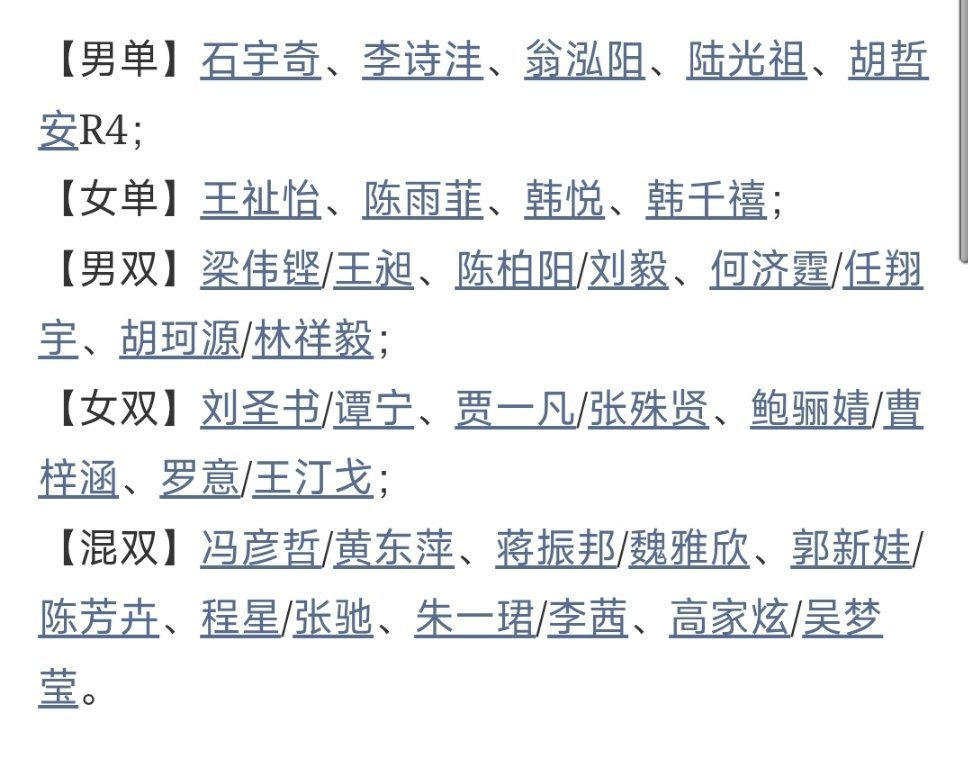 丹麦公开赛报名名单中国羽毛球队2026年丹麦羽毛球公开赛【男单】石宇奇、李诗沣