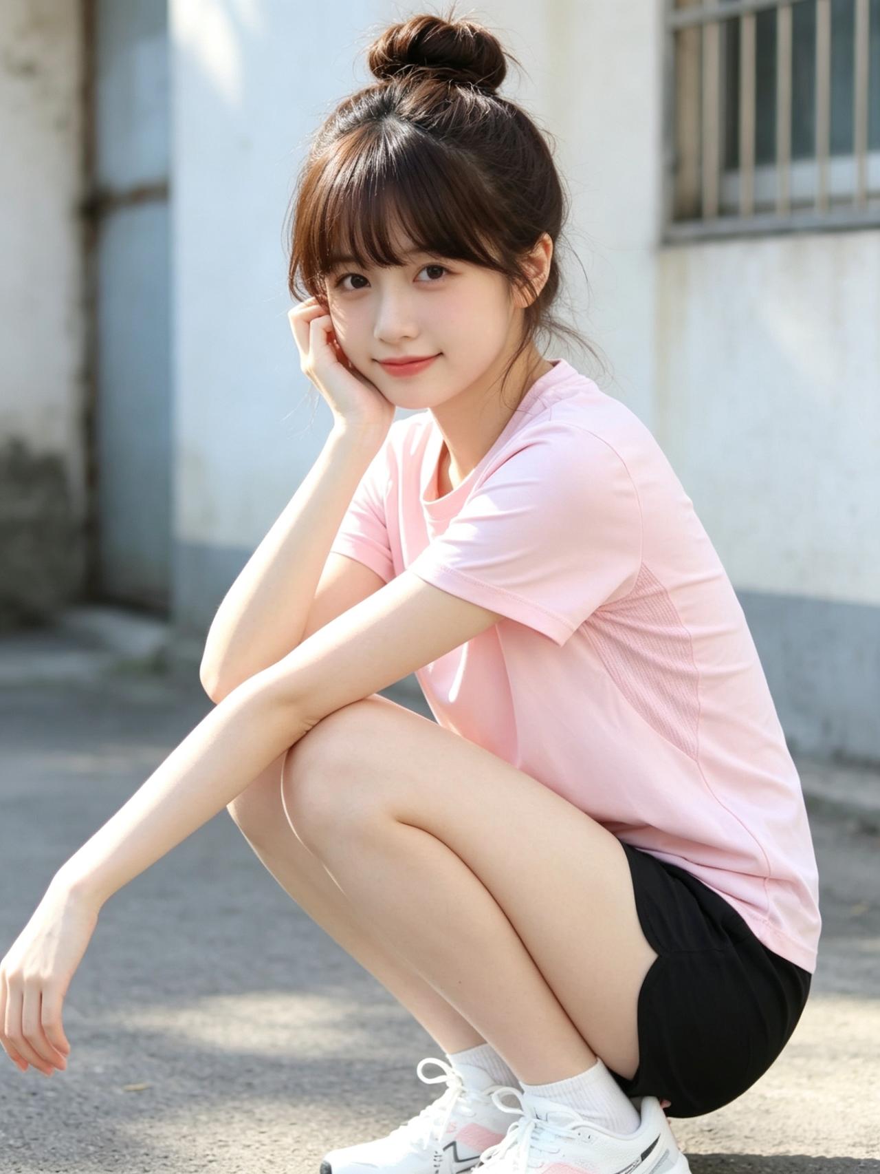 元气少女蹲墙角，粉嫩T恤配黑短裤，清新自然，阳光明媚！🌞💕怎样穿搭能显示出温