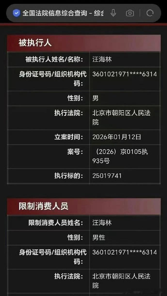 汪海林成老赖了