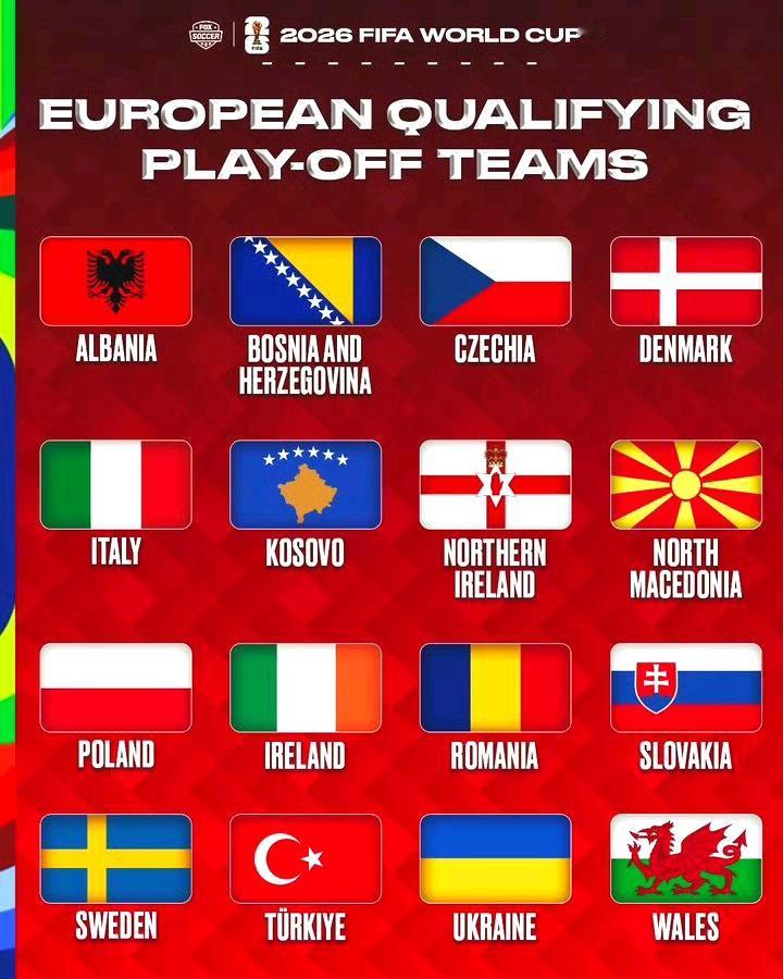 现在是16个国家争夺4个附加赛晋级名额。大多数人都关心意大利，对不对？？