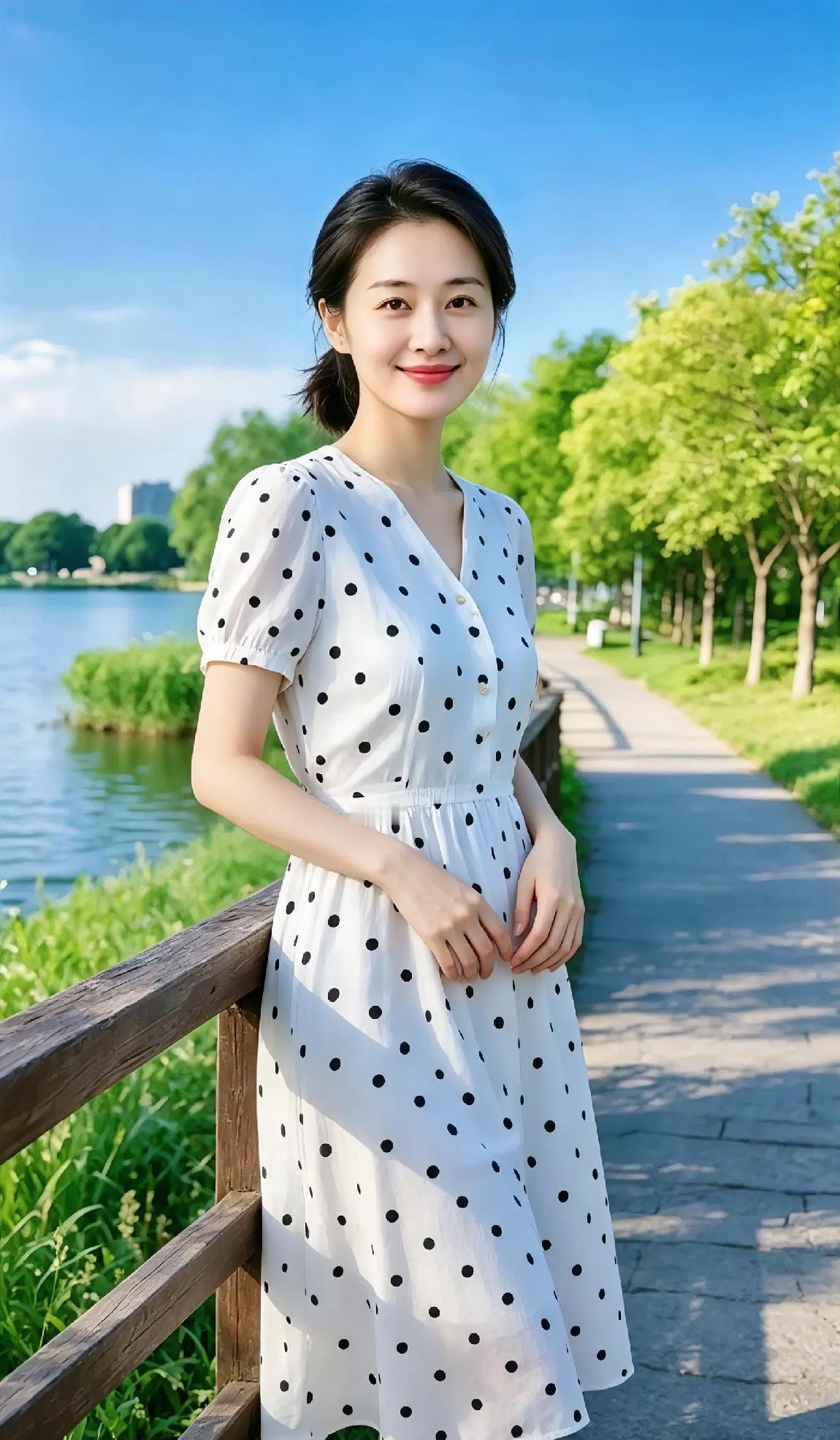 蓝天碧水，绿树成行。波点白裙随风轻扬，笑容明媚，像这夏日里的阳光
