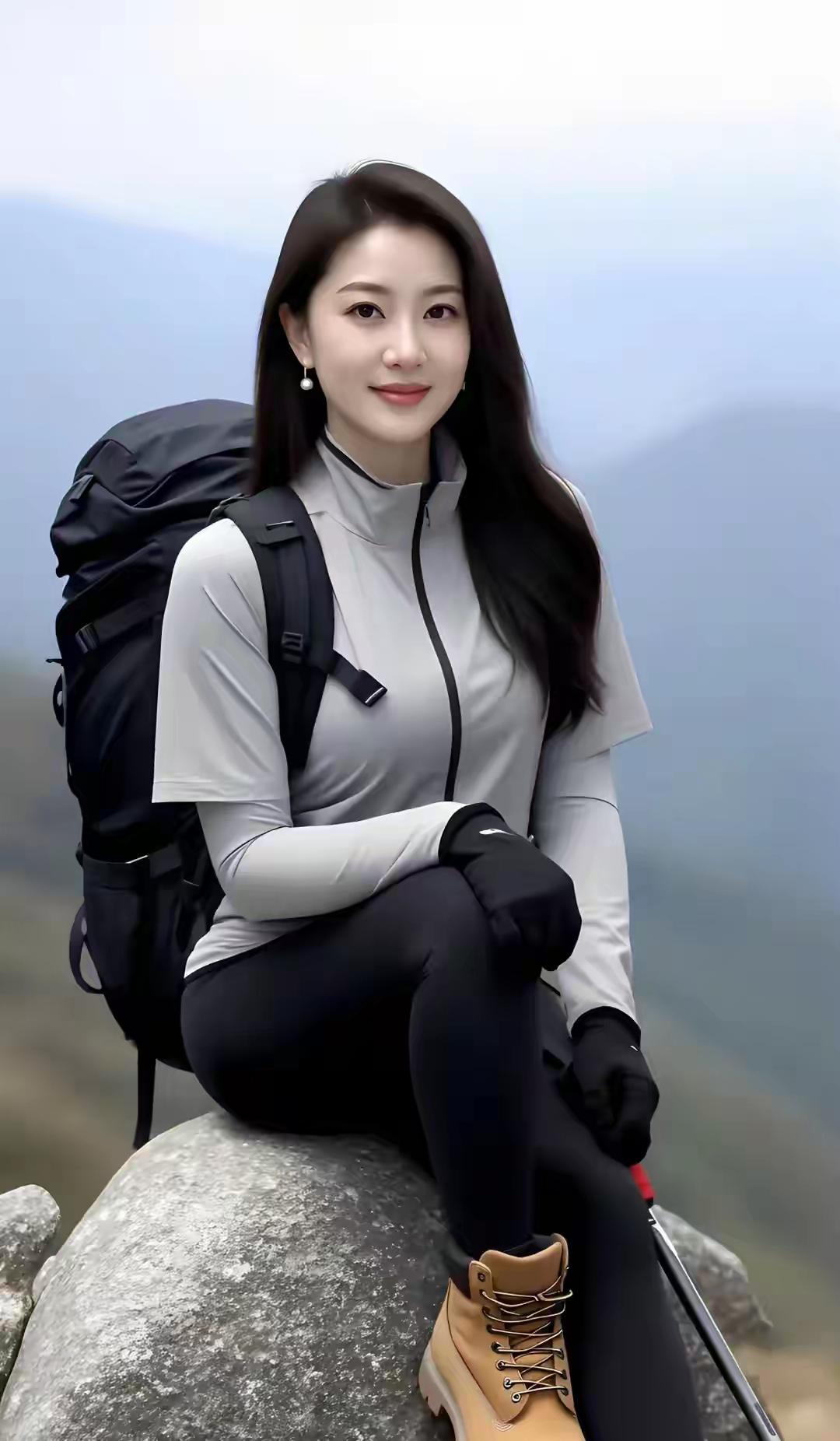 户外探险少女，背着行囊，徒步山间，享受自然之美。