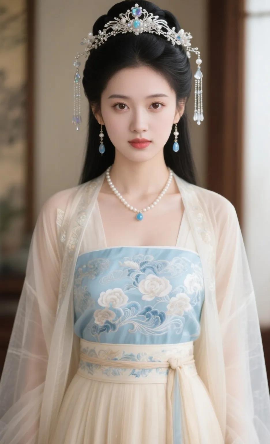 大美成，穿越时空的古典美人，一袭蓝白相间的华服，宛如画中仙子！古韵红衣女神国风