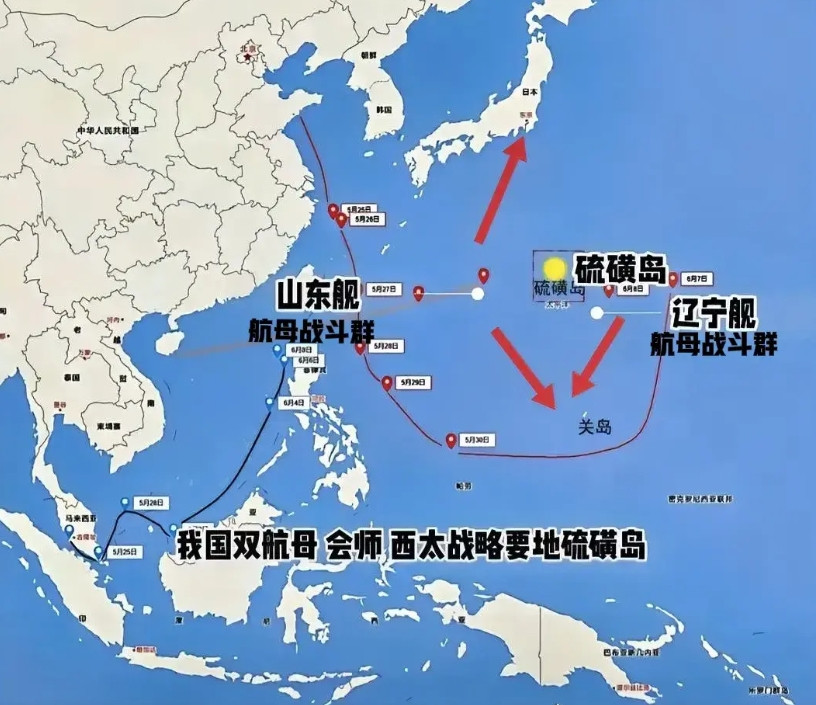 “以其人之道，还治其人之身”，中国双航母战斗群会师硫磺岛，对关岛形成“夹击合围”