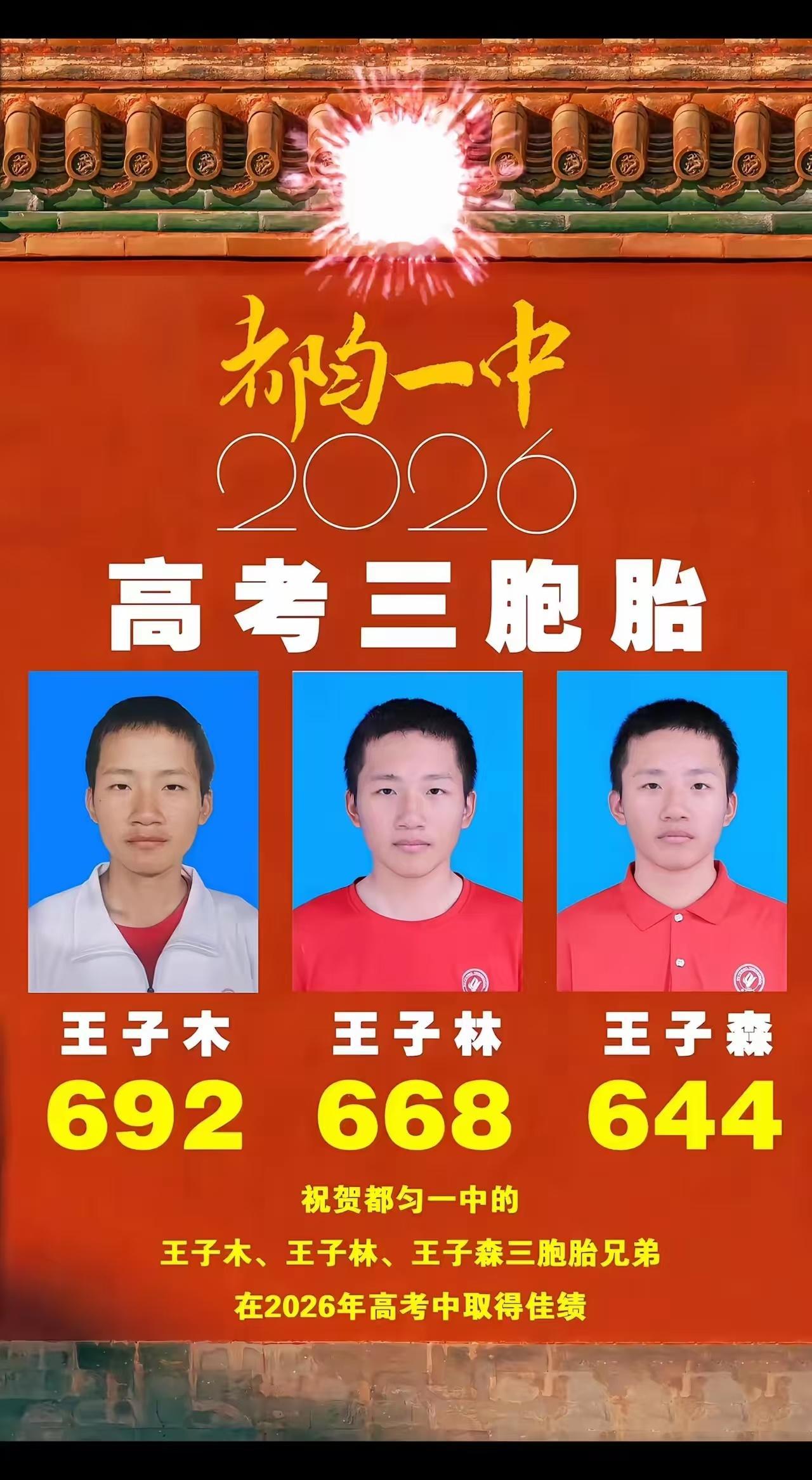 三胞胎高考考出等差数列：每多1个木字，分数少24王子木：清华大学王子林：北京大学