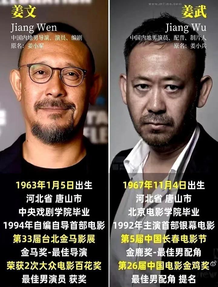 娱乐圈有句很有意思的说法，叫姜文不文，姜武不武。这对同父同母的亲兄弟相差四岁，