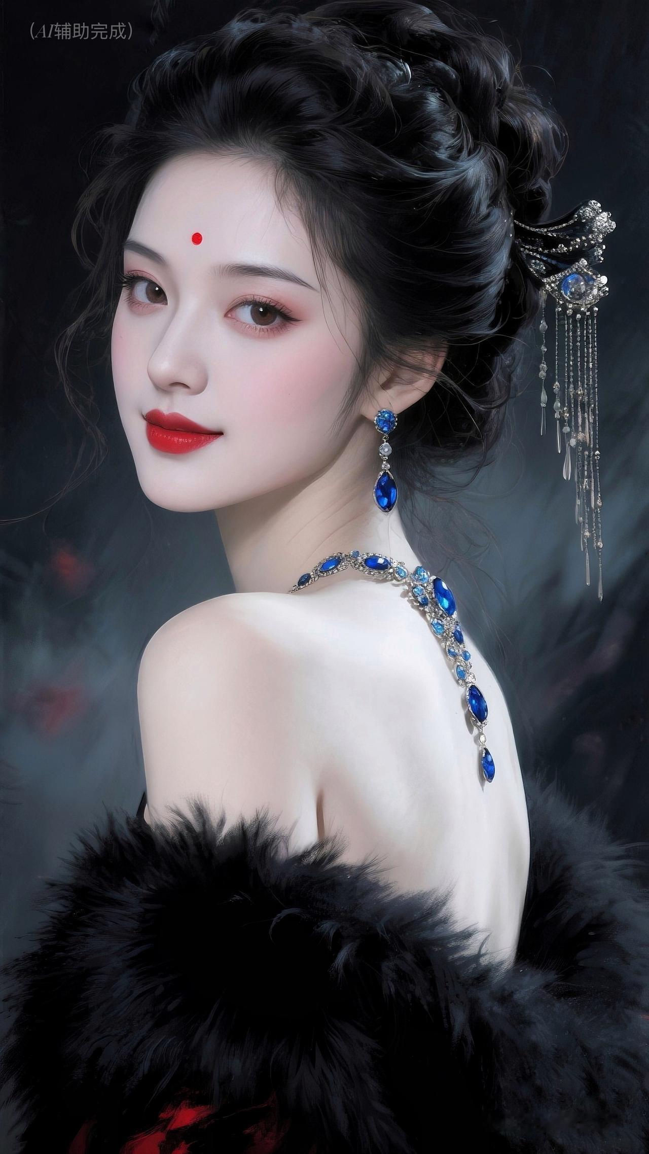 九帧同绘东方古典仙。乌发高挽流苏簪，额间红痣添妩媚，眉眼含情眸若秋水，红唇娇艳点