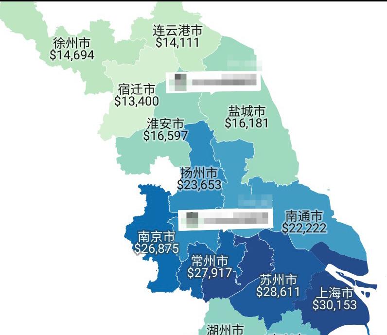 江苏省人均GDP数字，以美元计价：以美元计算的单价。上海市直辖市就不算了，超