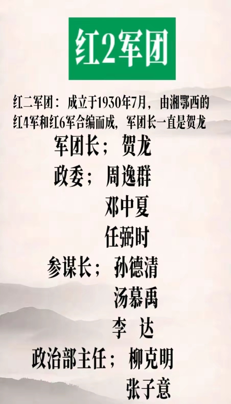 历史知识红二军团来自于湘鄂西苏区，建军于1930年7月，由贺龙率湘鄂边红四军（