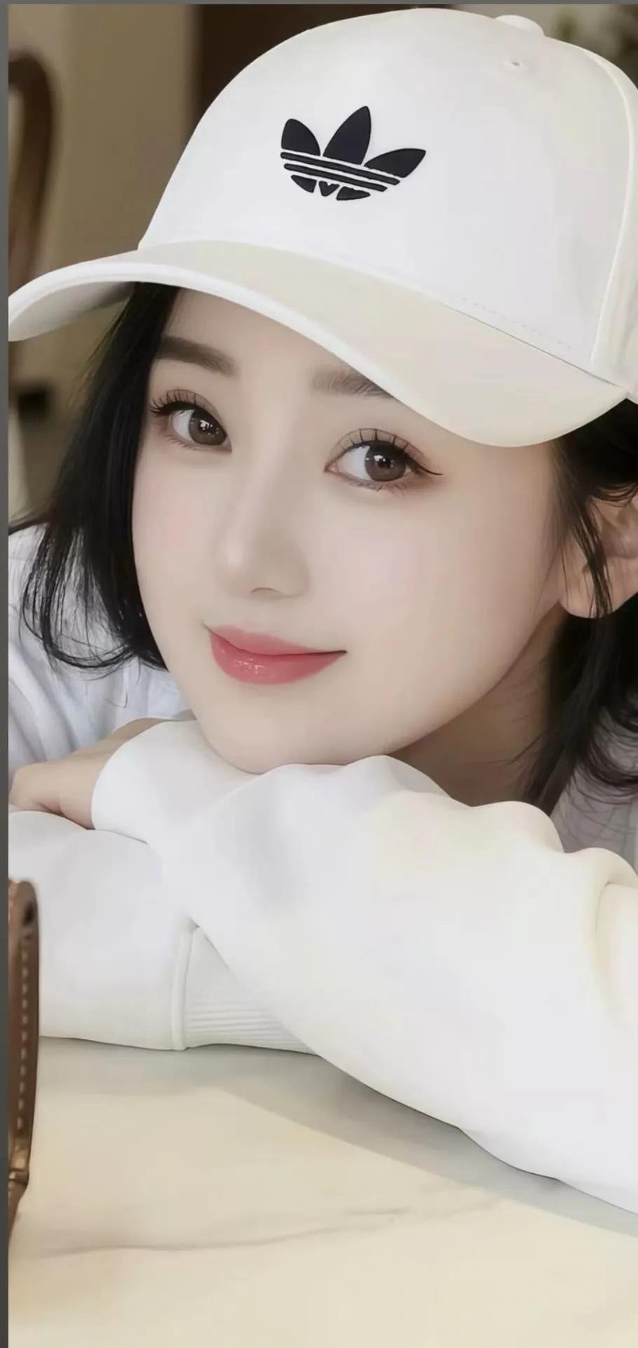 戴着白色帽子的女孩在微笑。街拍高清美女