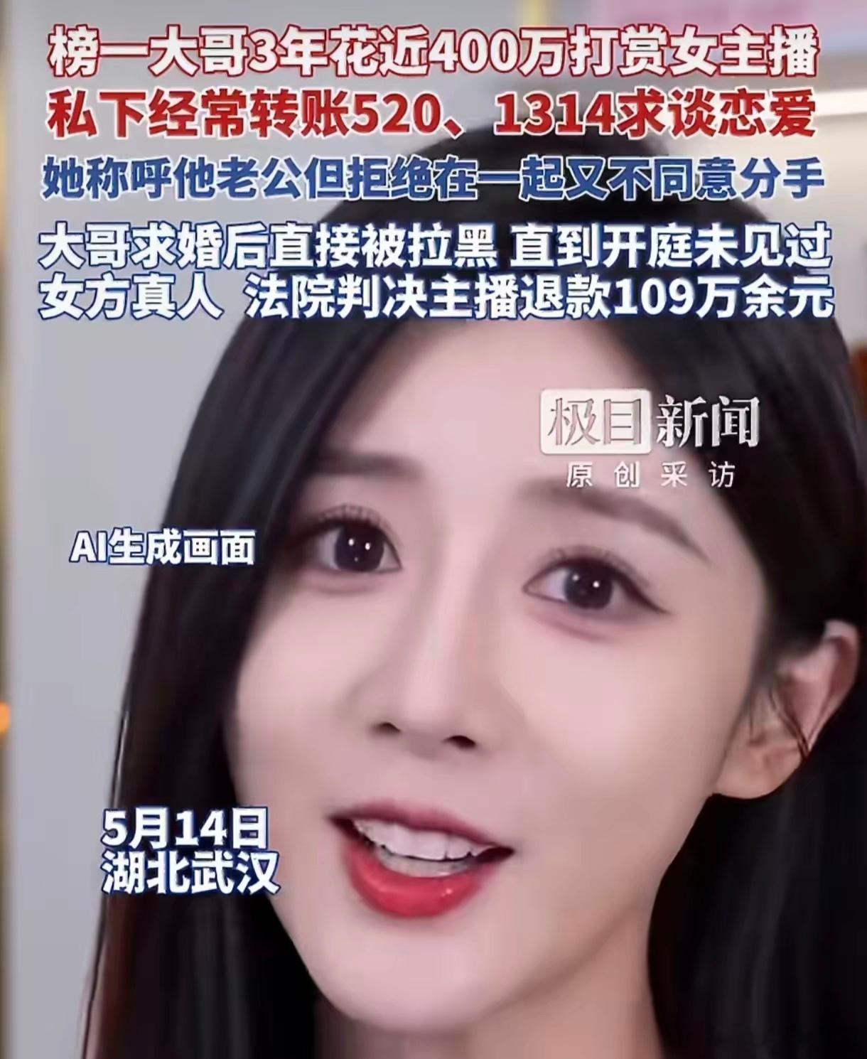 傻眼！榜一大哥砸400万追女主播，连面都没见着，法院：只退109万这可能是全网最
