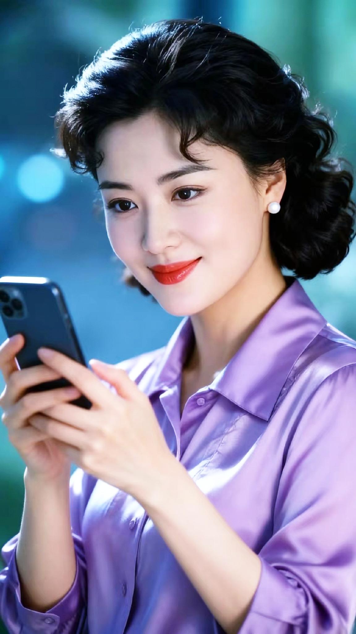 优雅紫衣少女，手机轻触，笑靥如花。