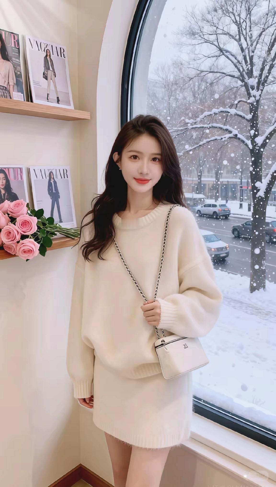 冬日暖阳下，粉玫瑰与雪景相伴，温柔冬日穿搭