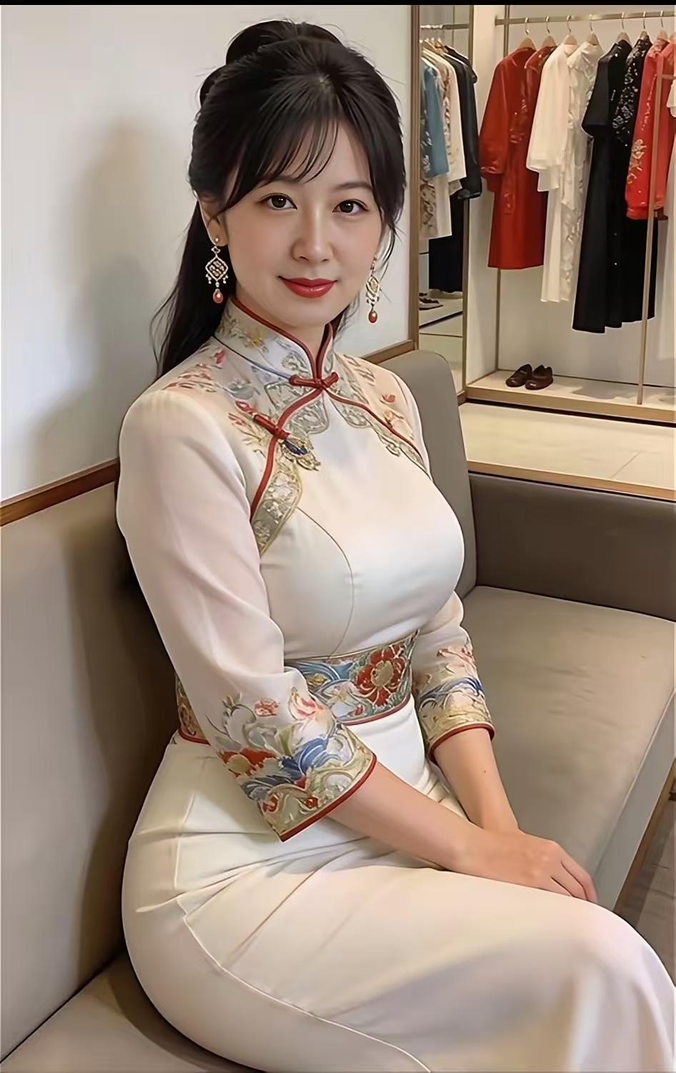 山坡羊·绣襟雅坐美女素袍织绣，红襟添秀，盘领霞影风姿透。鬓珠悠，韵长留。