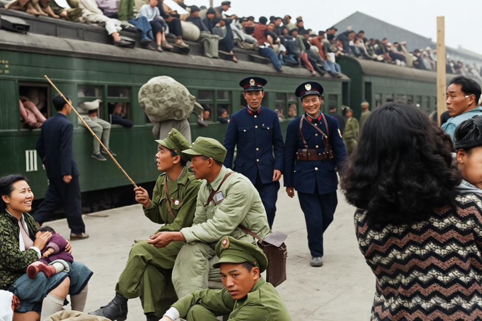 1949年上海解放前夕，上海火车北站乘客搭乘列车前往杭州。1949年4月渡江战