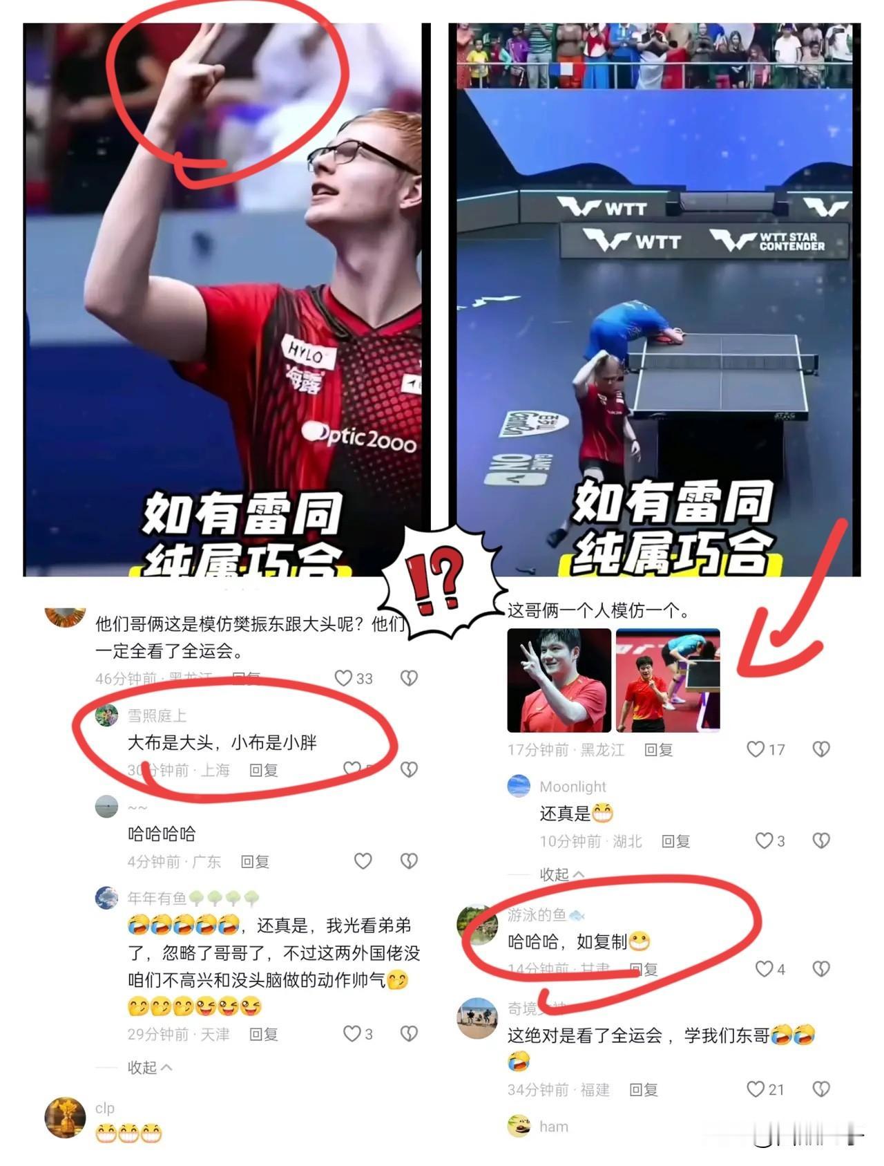 大布小布太调皮了，他们绝对看了全运会。小布赢了，模仿胜者樊振东。大布输了，模仿输