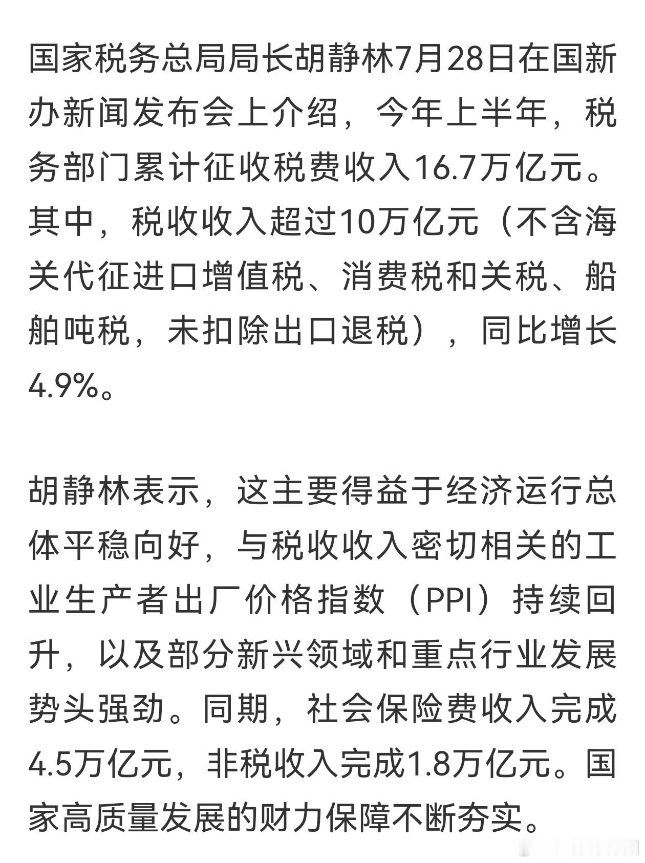 国家税务总局：今年上半年，累计征收税费收入16.7万亿元，其中税收收入超10万亿