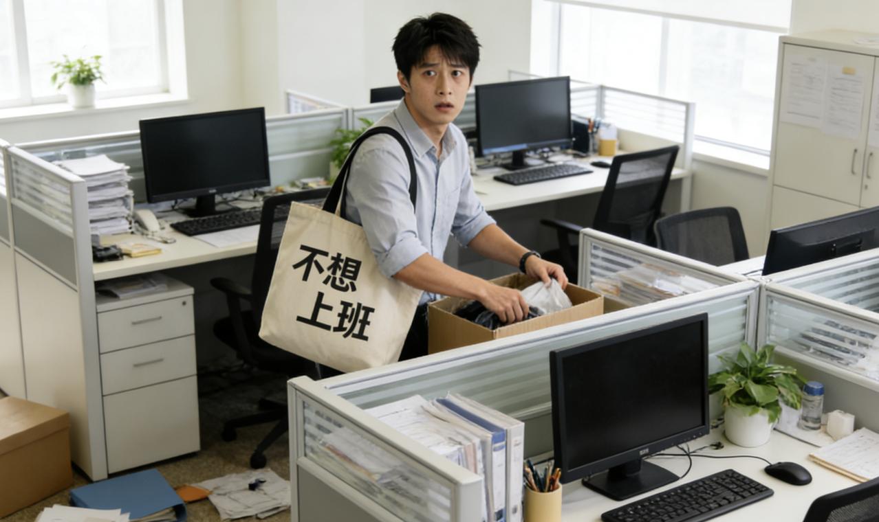 公司来了个新员工，二十三岁，第一天就背了个帆布包，上面印着“不想上班”。老员工