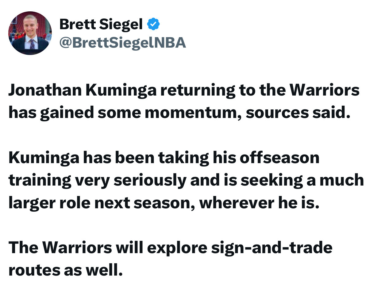 美媒brettsiegel谈小库未来“消息人士称，乔纳森库明加重返勇士队已经获得