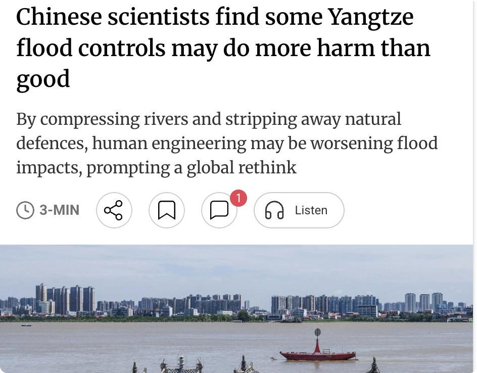 外媒：中国科学家研究发现，长江部分防洪工程可能适得其反。研究团队通过湖泊沉积