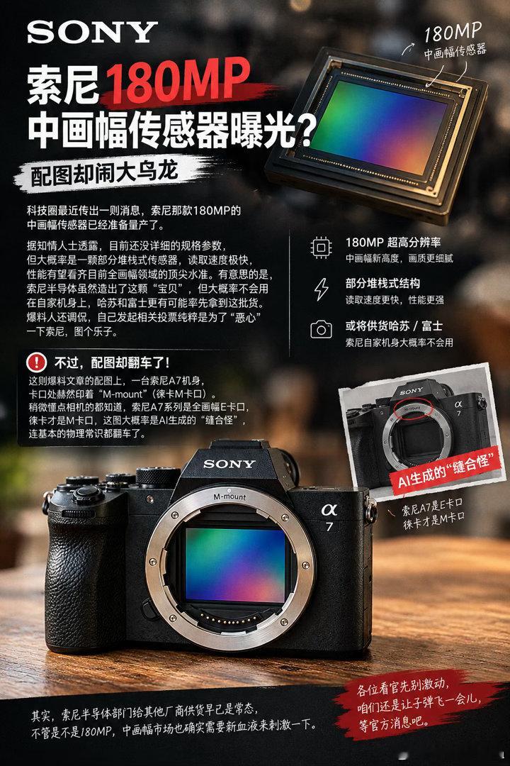 索尼180MP中画幅传感器曝光？配图却闹大乌龙科技圈最近传出一则消息，索尼那款180MP的中画幅传感