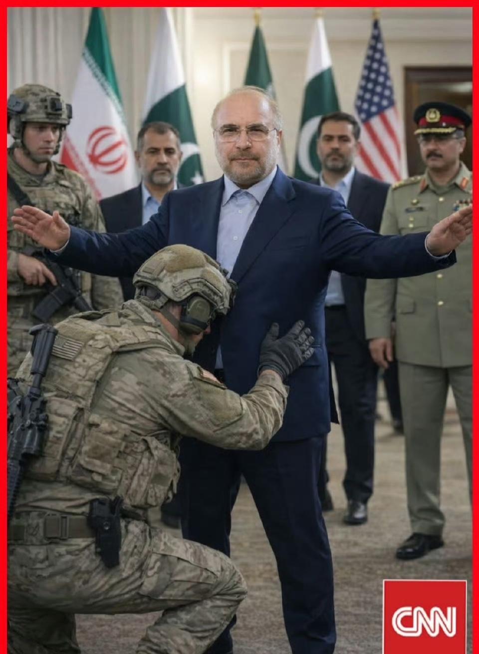 巴基斯坦美国-伊朗谈判大厅入口处的一张照片，照片中显示伊朗议会主席穆罕默德在进入