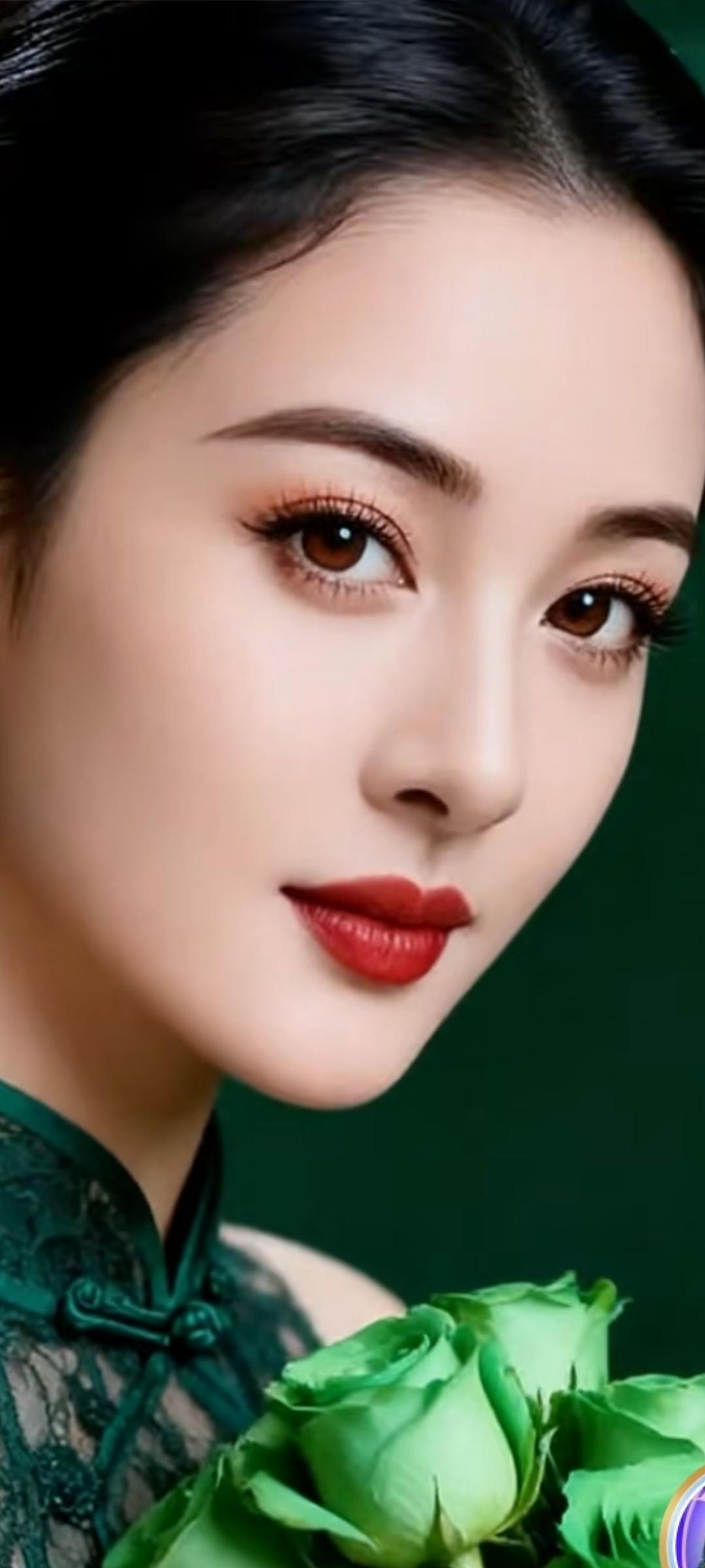 优雅红唇，绿意玫瑰，尽显东方韵味。