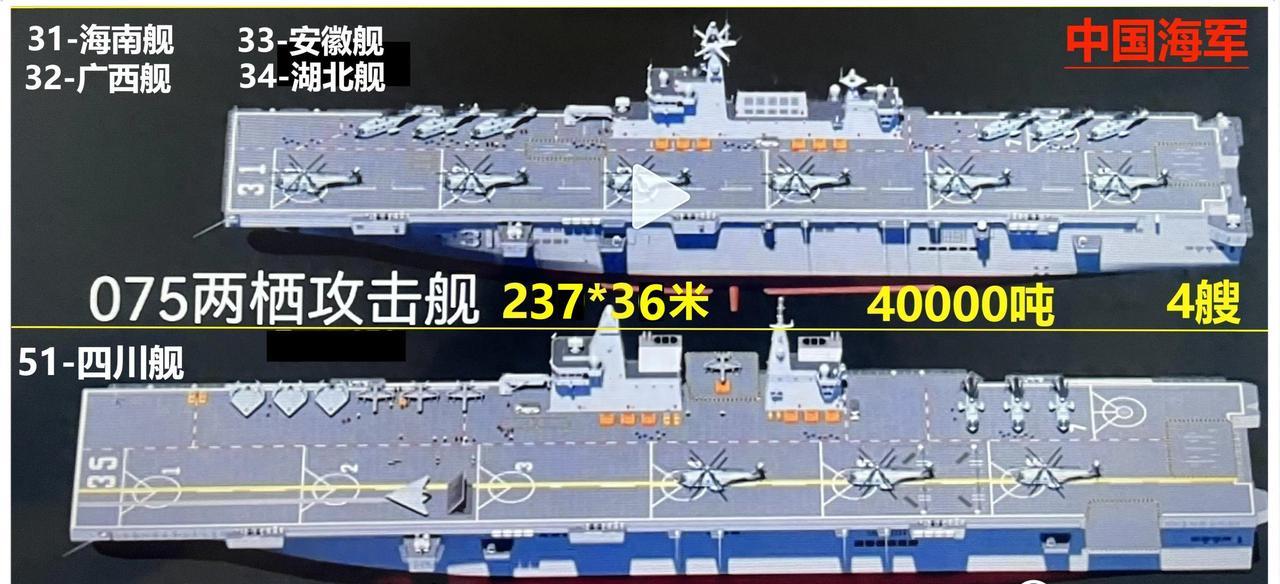 这个是中国海军的两种两栖攻击舰，一种是075型两栖攻击舰，已经服役了3艘，还有1