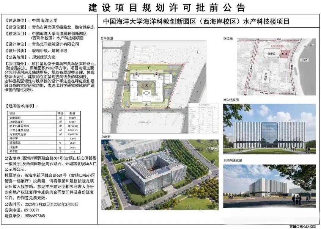近日，青岛市西海岸新区古镇口核心区规划建设局发布了中国海洋大学海洋科教创新园区（