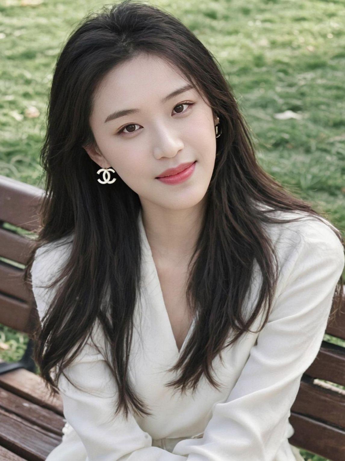 在柔和的光影中，她仿佛是时光里走出来的温柔诗篇。长发如瀑布般倾泻而下，与背景的静