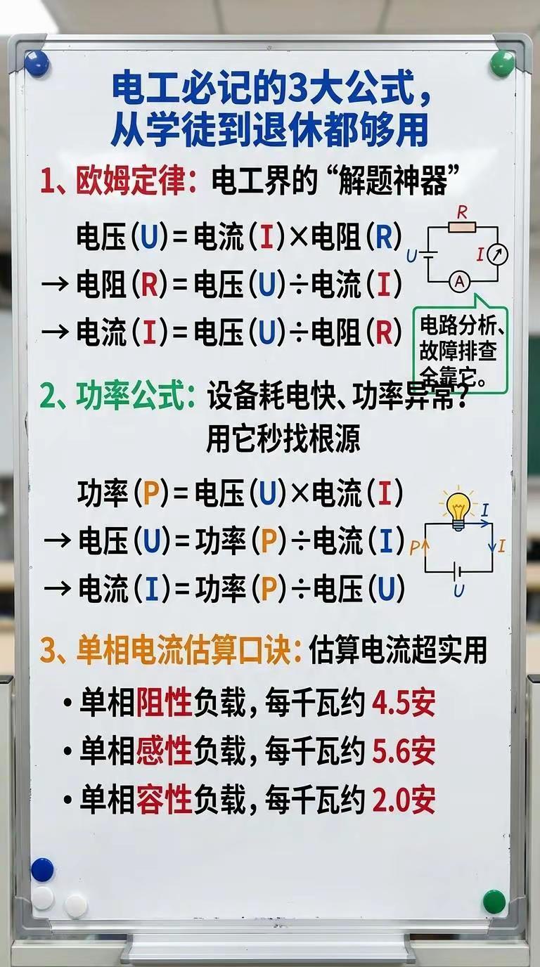 电工必记3大公式，从学徒到退休都够用。