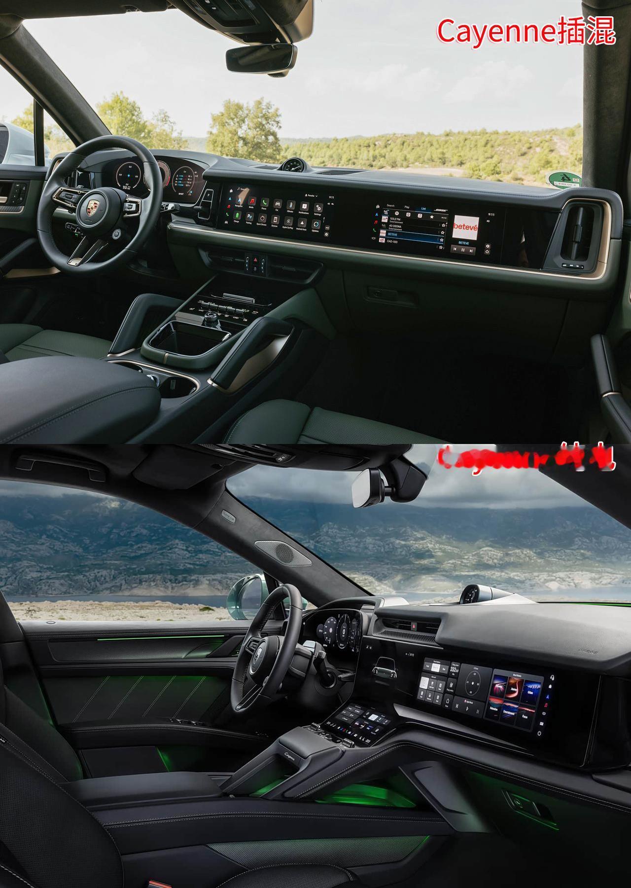 卡宴纯电车内也全是屏幕了，中控台显示屏是可以弯折的“二折叠”（FlowDisp